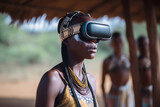 contrast of the future and the past the world of technology, a girl from an African tribe in VR glasses watch, generative ai