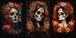 Dia de los muertos poster with beautiful and scary ai generated portraits of sugar skull Calavera Catrina festive character. Dark skull-faced women displayed in traditional Mexican event style