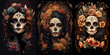Dia de los muertos poster in spirit of Mexican holiday with beautiful ai generated skull-faced women portraits wear floral crowns and traditional sugar skull make up promote Mexican culture event