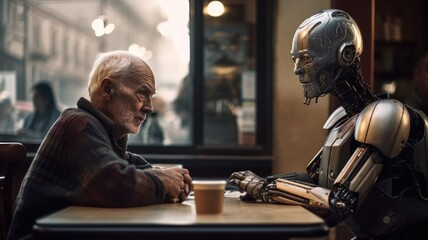 Old man sitting in a coffee shop with a robot. Generative AI