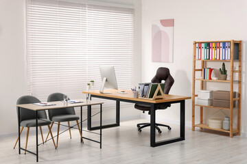 Poster - Director's office with large wooden table and comfortable armchairs. Interior design