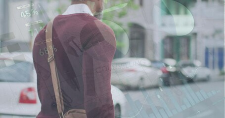 Wall Mural - Animation of infographic interface, counselling text, african american man walking with bicycle