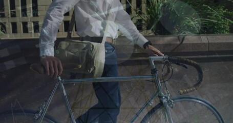 Poster - Animation of infographic interface, pylons, midsection of caucasian man walking with bicycle