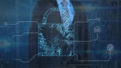 Poster - Animation of padlock and data processing over caucasian businessman and computer servers