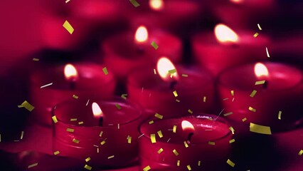 Poster - Animation of gold confetti falling over lit red candles on black background