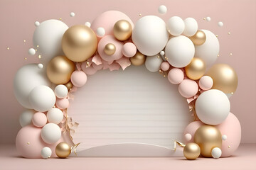 Balloon garland decoration elements. Frame arch for wedding, birthday, baby shower party celebration. Pastel pink, white and gold banner background with round empty space. 3d render illustration