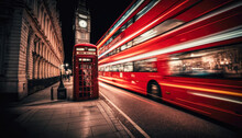 A Double-decker Bus Driving Through The Empty Streets Of London At Night, With The Iconic Red Telephone Booths And Historic Architecture Of The City, Long Exposure - Generative AI