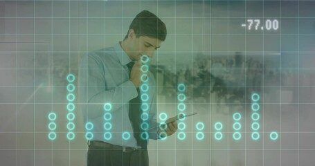 Poster - Animation of data processing over caucasian businessman using tablet