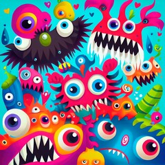 Sticker - Abstract magical funny cartoon monsters. Lots of colored pnt, funny monsters and rnbow colors. Generative AI Art.