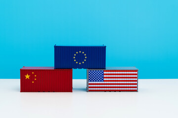 Wall Mural - Cargo container with Chinese, USA and EU flag