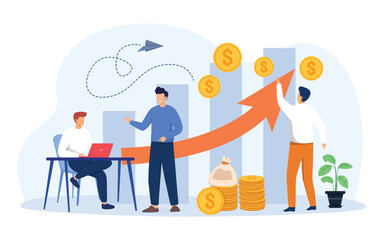 Business concept. Startup managers presenting and analyzing sales growth chart. Group of workers with heap of cash. Vector illustration