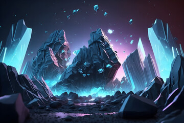 cycled 3d animation, abstract neon background, extraterrestrial landscape scenery with laser ray, flight backward between the crystal rocks, virtual reality space, futuristic technology