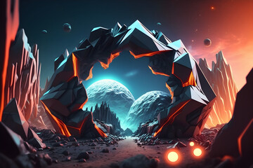 cycled 3d animation, abstract neon background, extraterrestrial landscape scenery with laser ray, flight backward between the crystal rocks, virtual reality space, futuristic technology