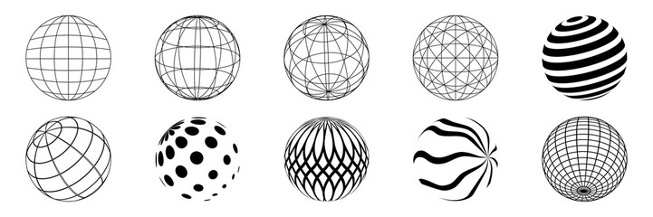 Fototapete - Set of abstract geometric shapes or trendy geometric shapes inspired brutalism. Flat vector illustration with 3d wireframe models. Concept psychedelic techno style.