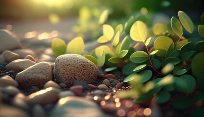 Close up of pebble stones rocks and leaves on a beach with sunset bokeh light background , generative ai