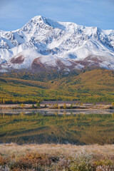 Wall Mural - Altai lake Dzhangyskol on mountain plateau Eshtykel. Grass is covered by hoarfrost. Altai, Siberia, Russia