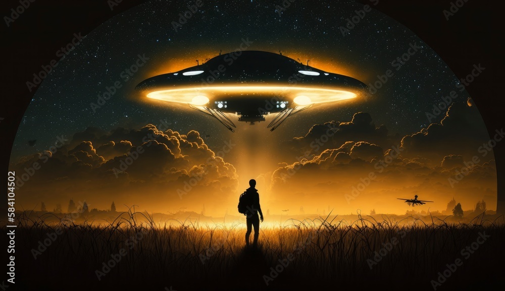 Flying saucer flies at night in sky oversilhouette of man standing in ...