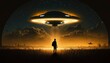 © MstAsma - Flying saucer flies at night in sky oversilhouette of man standing in field. Invasion of extraterrestrial intelligence on an intergalactic ship. Alien abduction. Created with Generative AI