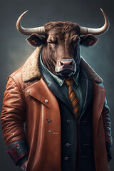 Canvas Print - stylish Bull wearing a human leather Generative AI