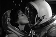 black and white photograph 1960 cinematic lighting astronaut in spacesuit kissing woman. generative AI 