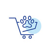 Pet store grocery products. Paw in a shopping cart. Pixel perfect, editable stroke line icon