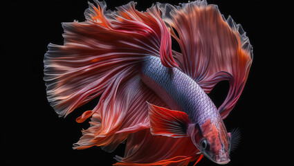 Wall Mural - 8k, realistic photo, high detailed, macro view, beautiful betta fish underwater photography isolated on black background. Generative ai