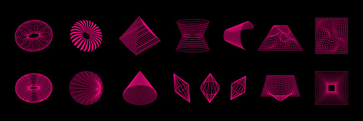 Fototapete - Set of abstract geometric shapes or trendy geometric shapes inspired brutalism. Flat vector illustration with 3d wireframe models. Concept psychedelic techno style.