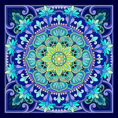 Wall Mural - mandala in the shape of a flower with a mix of colors, blue, green and yellow