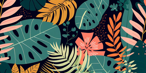 Modern colorful tropical floral pattern. Cute botanical abstract contemporary pattern. AI generated