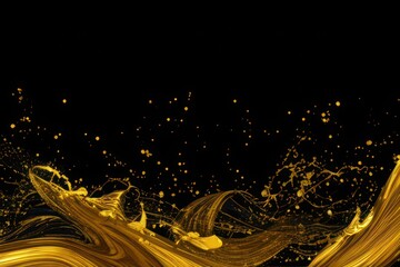 Wall Mural - gold paint splatter on dark background, gold liquid flowing on black