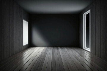 Poster - Dark empty rooms with wooden floors and dramatic lighting, AI generated