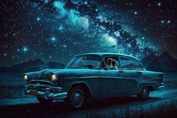 Canvas Print - A car then pretty under the stars, AI generated