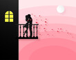 © Jakkrit - couple embrace on the balcony with hearts on pick background. valentine, love, paper art concept.