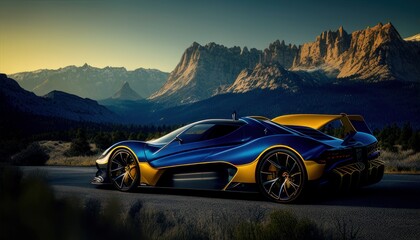 Most Extreme Production Super Car On The Planet standing on the road at sunset. Generative AI