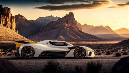  Most Extreme Production Super Car On The Planet standing on the road at sunset. Generative AI