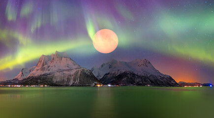 Wall Mural - northern lights (aurora borealis) in the sky with lunar eclipse - tromso, norway 