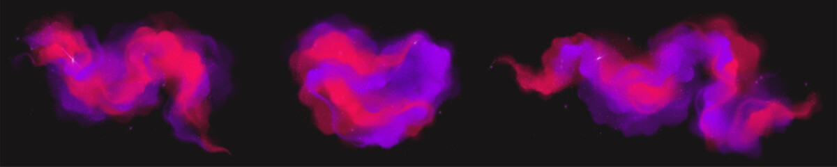 Poster - set of magic smoke clouds isolated on black background. vector illustration of realistic rainbow dus