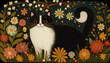 © NAITZTOYA - A black and white cat in a flower garden at night, naive art drawing, generative ai illustration