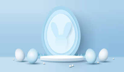 Wall Mural - Happy Easter blue background and paper art podium display for product presentation branding and packaging presentation. studio stage with eggs and rabbit background. vector design.