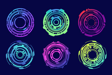 Canvas Print - HUD futuristic elements. Abstract optical neon aim. Circle geometric shapes for virtual interface and games. Camera viewfinder for sniper weapon. Vector set