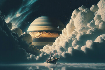 Wall Mural - ship on the cloud over the planet. generative ai.