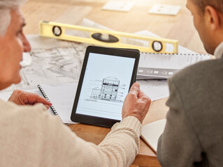 Poster - Architect, hands and tablet in construction planning, digital model or design for industrial architecture at office. Hand of engineer team in strategy idea on touchscreen for blueprint building plan