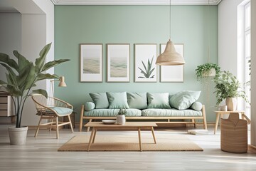 Poster - Mock up frame in pastel green room with natural wooden furnishings,. Generative AI