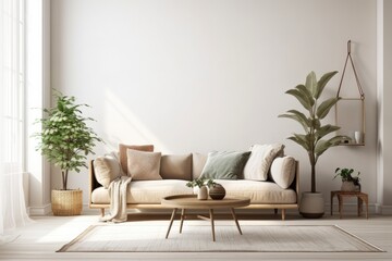 Wall Mural - Living room mockup with empty white wall, brown couch, and plant. Generative AI