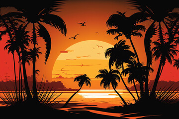 A beautiful sunset over a tropical beach with palm trees created with Generative AI technology