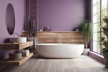 Poster - White and purple Japanese minimalist bathroom. Bathtub and washbasin. Farmhouse decor,. Generative AI