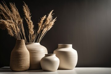 Wall Mural - Contemporary beige ceramic vases with dried grass branches on white table near black white wall background. Copies. Scandi minimal. Neutral modern interiors. Generative AI