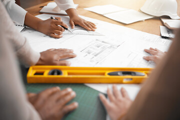 Poster - Hands, collaboration and design with a architecture team working in their office for planning from above. Teamwork, construction or blueprint with an architect, designer and engineer at work together