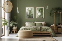 Farmhouse Bedroom, Green Room Interior Design With Natural Wooden Furnishings, Poster Frame Mockup,. Generative AI