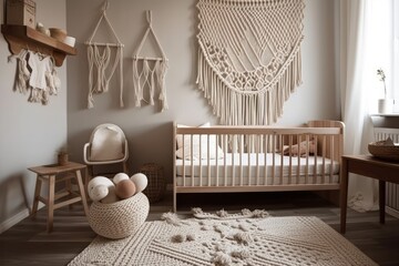 Poster - Baby room macrame. Boho macrame wall décor in natural cotton strands. Cozy room with macrame wall. Generative AI